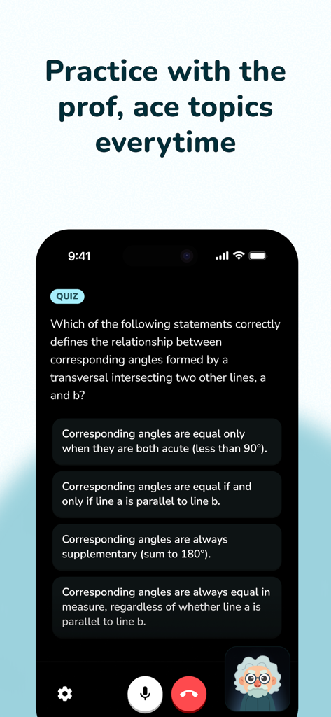 Interface de quiz de géométrie sur l'application Professor Curious montrant une question à choix multiples sur les angles correspondants et un bouton d'appel vidéo en direct pour l'aide d'un tuteur