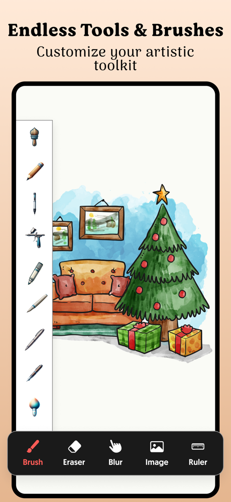SketchBook Draw Art & Paint - Interface of the SketchBook drawing app showing various brushes and a festive digital illustration of a Christmas tree