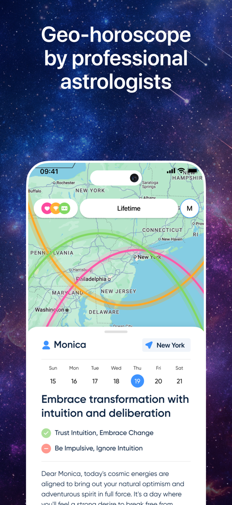Linea: Astrocartography zodiac - Astrokartografie-Kartenoberfläche in der Linea-App, die astrologische Linien über New York und tägliche Horoskop-Anleitungen zeigt