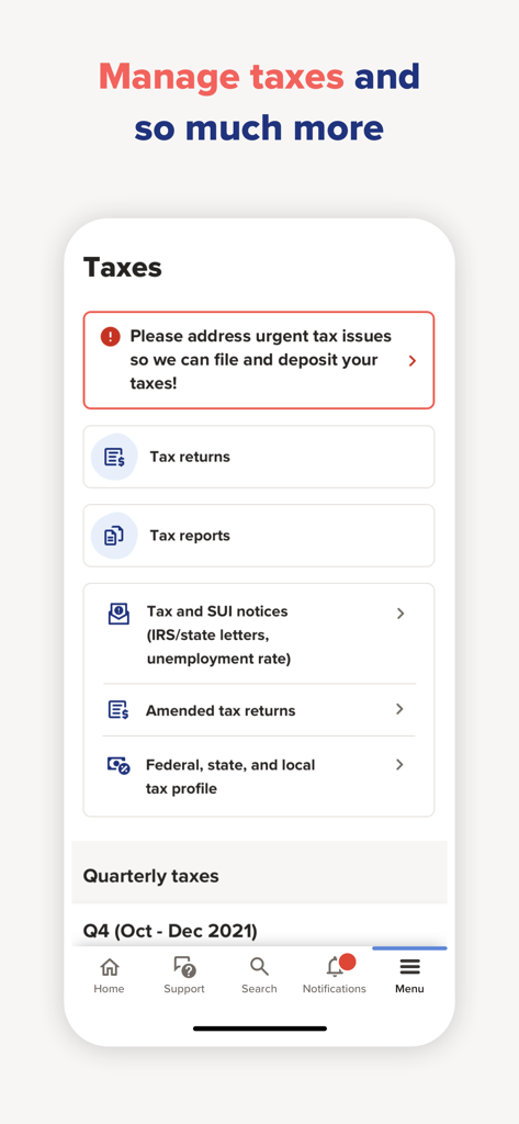 ADP RUN app interface for managing small business payroll taxes and reports