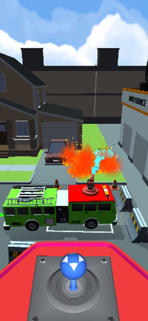 Dream Vehicle Car Driving Game - Un camión de bomberos rociando llamas en una simulación de conducción low poly con un control de joystick azul en pantalla.