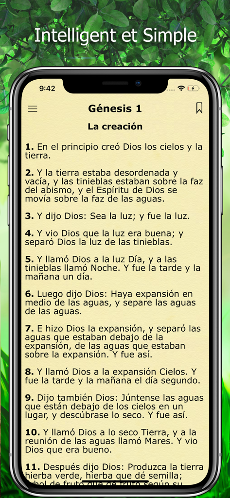 La Biblia Reina Valera Español - Pantalla de iPhone que muestra el primer capítulo del Génesis en la aplicación de la Biblia Reina Valera en español