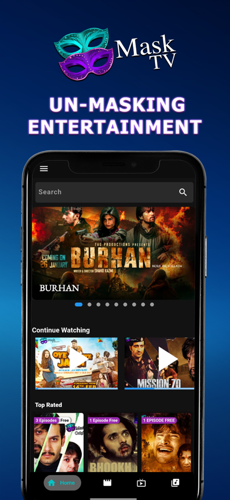 Mask TV - Interfaz de la aplicación móvil Mask TV mostrando varias series originales indias y el lema Unmasking Entertainment