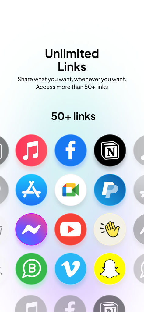 Tap - Digital Business Card - Screenshot of the Tap app featuring icons for over 50 social media and professional links