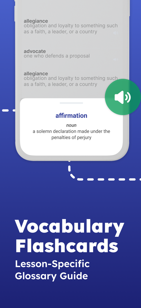 Vocabulary flashcards and lesson specific glossary guide in the Life in the UK Test app.