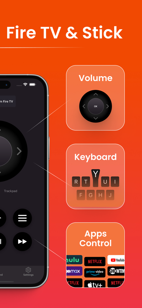 Remote for Firestick · Fire TV - App per iPhone per Fire TV che mostra le funzioni del volume della tastiera e del controllo delle app