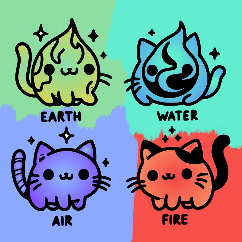 4 cats that represent the different elements, earth, water, air, and fire