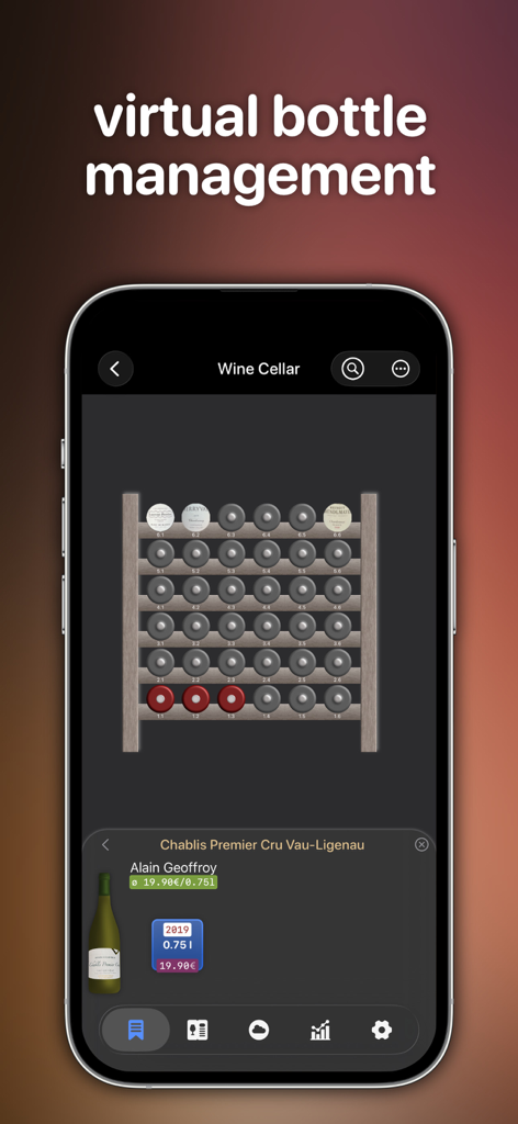 Wine Cellar Manager - Wine Cellar Manager app screenshot showing a virtual wine rack with bottle locations and details for a 2019 Chablis Premier Cru