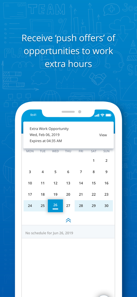 NiCE Employee Engagement Manager app screen showing a push offer for extra work hours with a monthly calendar view