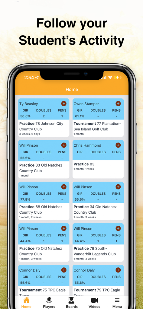 Bildschirm der DECADE für Instruktoren App, der Golfschüleraktivitäten und Leistungsdaten anzeigt