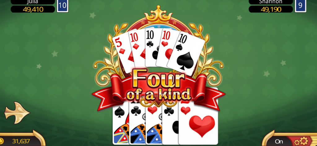 포 오브 어 카인드 패를 보여주는 펀 빅 2 카드 게임 인터페이스