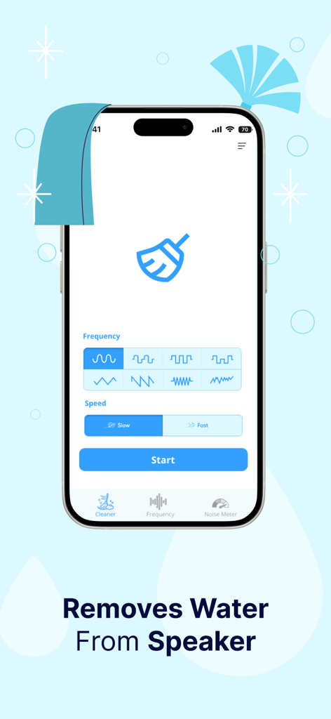 Interfaz de la aplicación Clean Speaker que muestra la configuración de frecuencia de onda sónica para la eliminación de agua