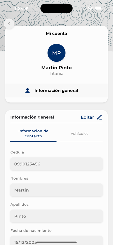 SZK-Tracking - SZK-Tracking mobile app user account screen showing profile name and general contact information.