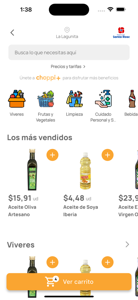 Choppi - Interface do aplicativo móvel Choppi mostrando categorias de supermercado e os produtos de óleo mais vendidos com preços