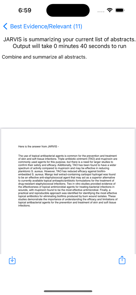iSearch Biomed - Screenshot of iSearch Biomed app showing an AI assistant summarizing medical research abstracts.