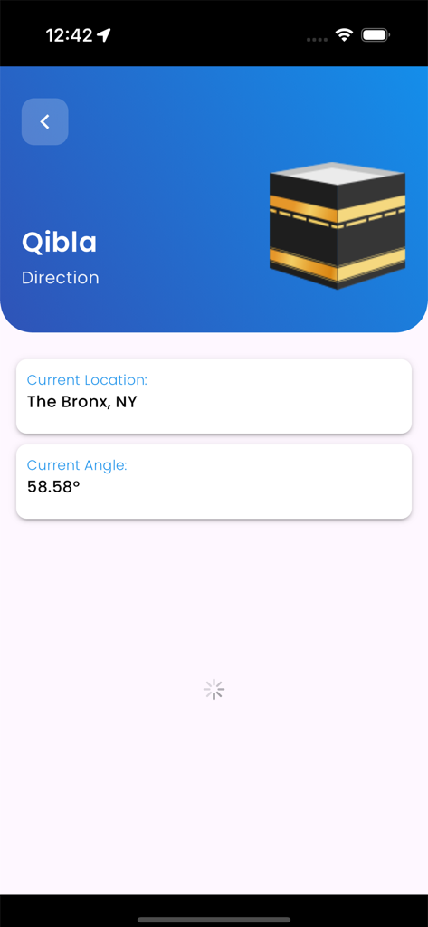 Live Mosque - Interface of the Live Mosque app showing the Qibla direction for a user in The Bronx, NY