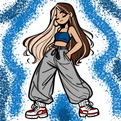 girl in baggy pants crop top and long hair