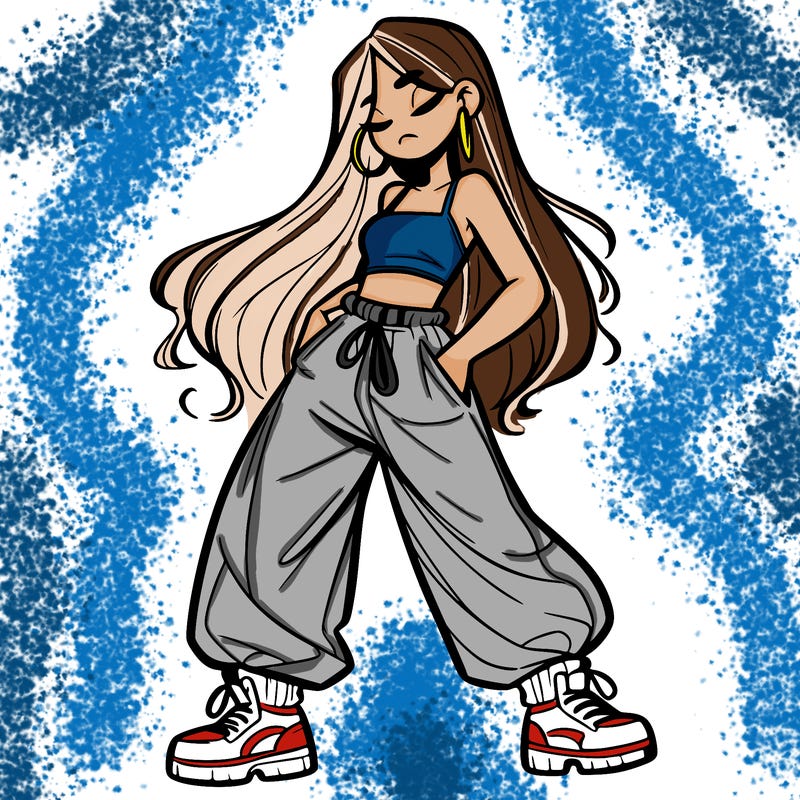 girl in baggy pants crop top and long hair