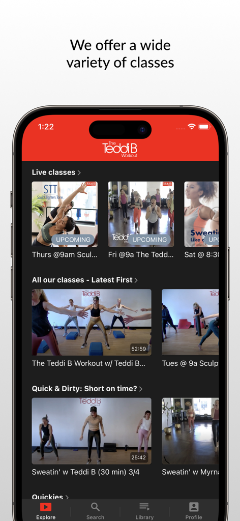 The Teddi B Workout app interface showing a variety of live and on-demand fitness classes