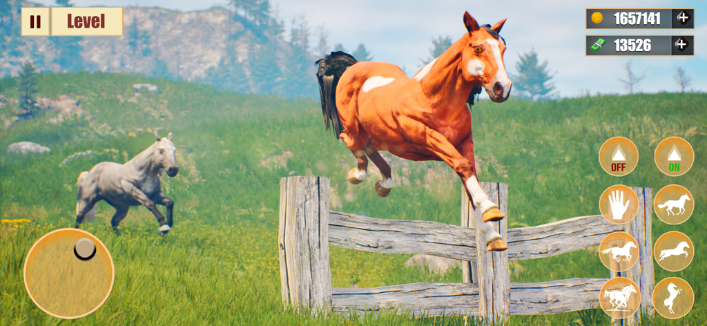 A brown and white horse jumping over a wooden hurdle in a horse racing game.