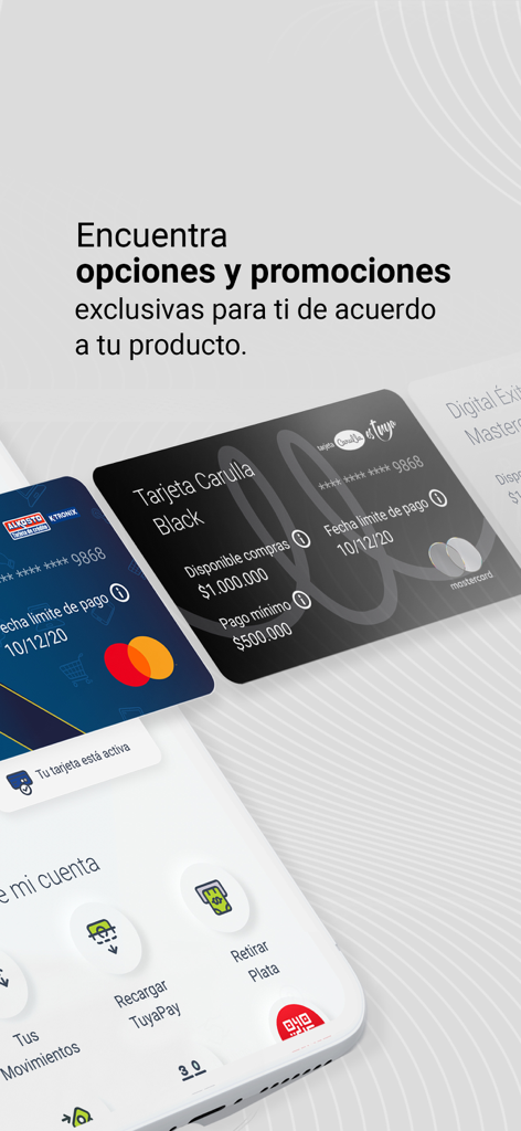 Interface of the Tuya app showing digital credit cards for Carulla and Alkosto with exclusive promotional offers
