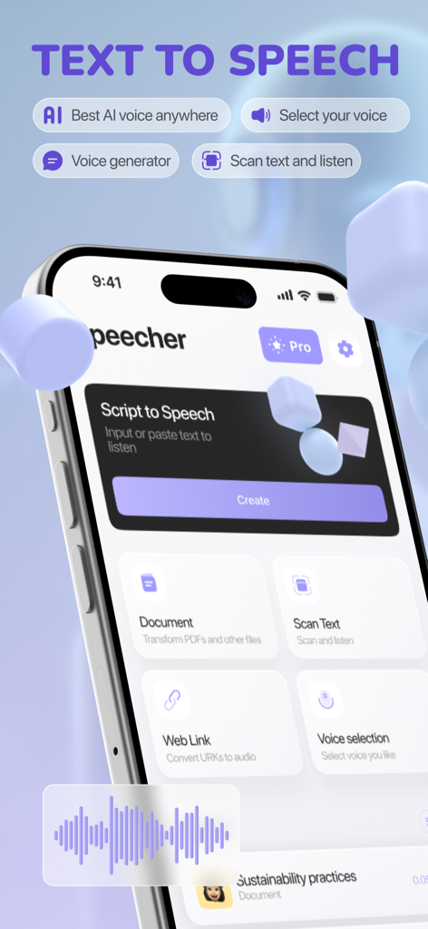 AI Text to Speech Reader app interface showing options for script to speech document scanning and voice selection