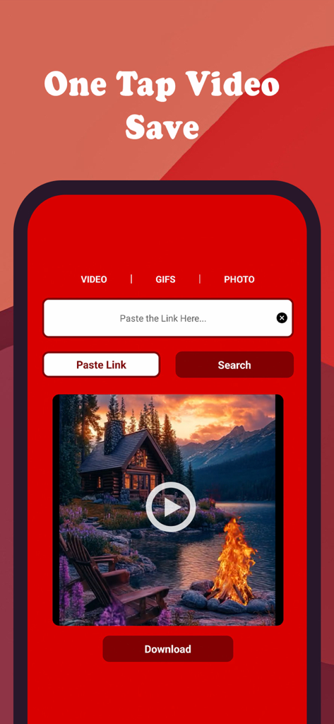 Pinterest Video Downloader app interface featuring a video preview and one tap save button