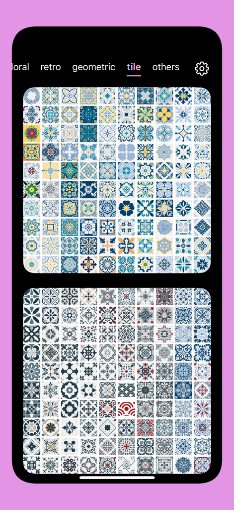 FloralTile -AI flower seamless - Una pantalla de móvil que muestra una gran colección de coloridos e intrincados patrones de baldosas de cerámica en la aplicación FloralTile