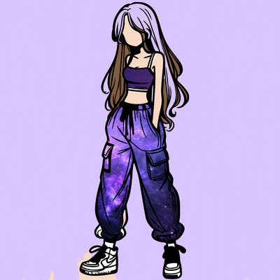 girl in baggy pants crop top and long hair