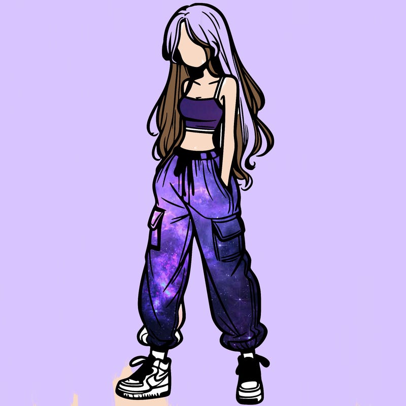 girl in baggy pants crop top and long hair