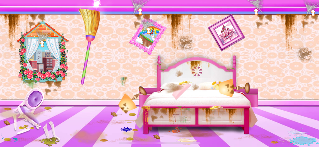 CleanUp City Clean House Game - Messy cartoon bedroom level in CleanUp City game featuring a broom tool and various cleaning tasks