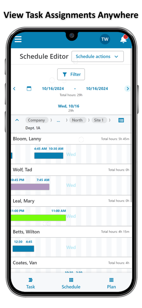 WorkForce Suite - Captura de pantalla de la aplicación WorkForce Suite que muestra el Editor de Horarios con asignaciones de tareas de empleados y cronogramas de turnos.