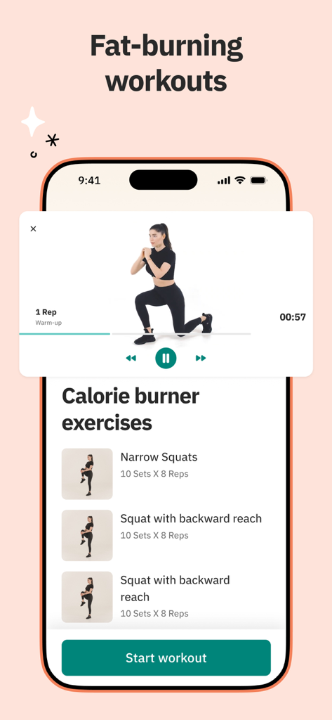 Unimeal app screen showing fat burning at home workouts and a list of calorie burner exercises.
