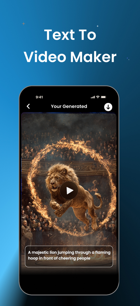 AI Video Generator ⋅ Video AI - AI動画ジェネレーターアプリのインターフェース。炎の輪を飛び越える雄大なライオンのテキストから動画への結果と、プロンプトが表示されています。