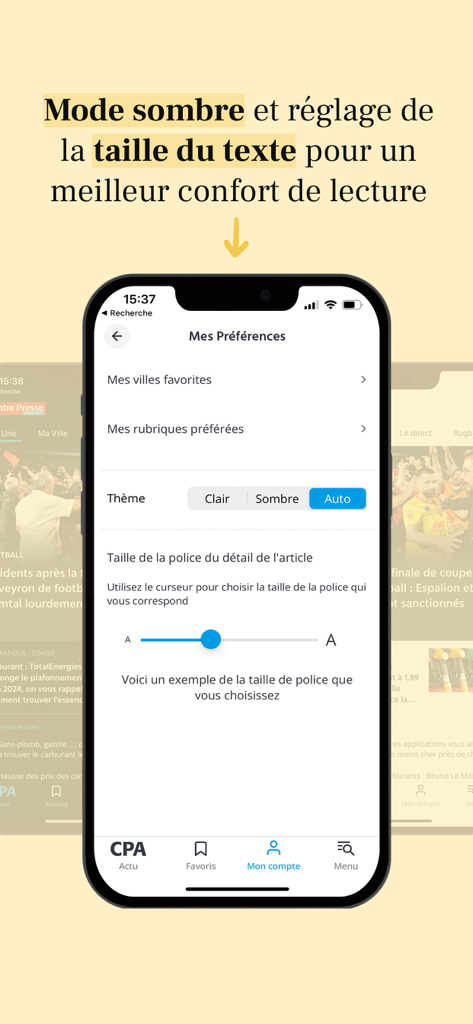 Écran de smartphone affichant les paramètres de l'application Centre Presse Aveyron pour le mode sombre et le réglage de la taille du texte.