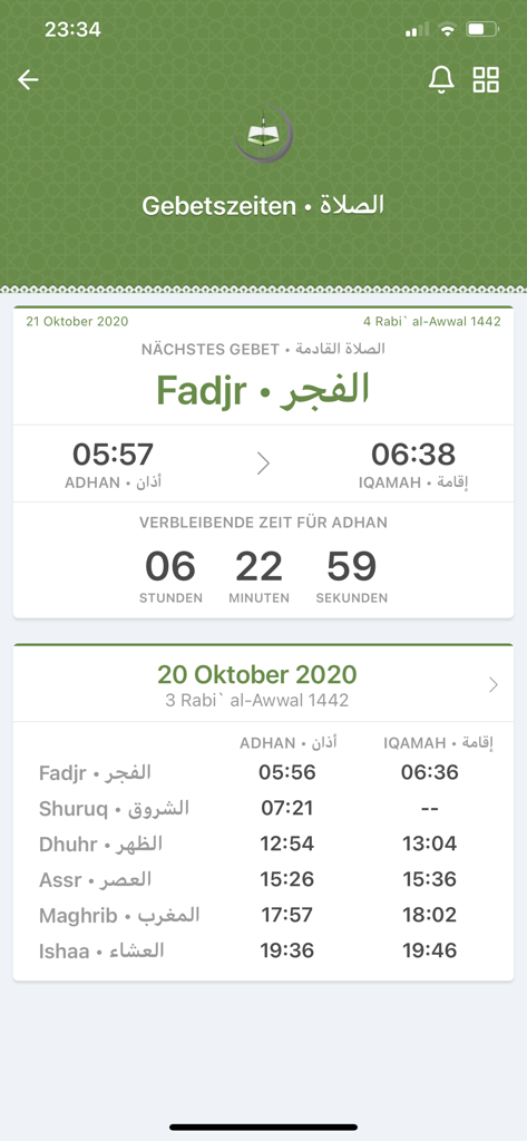 Bildschirm einer mobilen App, der die islamischen Gebetszeiten für Wien anzeigt.