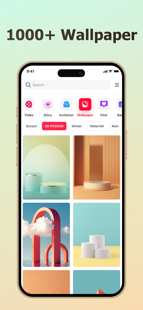 Flyer Maker - Make a Poster - Una selección de plantillas de papel tapiz de podio 3D en la interfaz de la aplicación Flyer Maker para exhibiciones de productos profesionales.