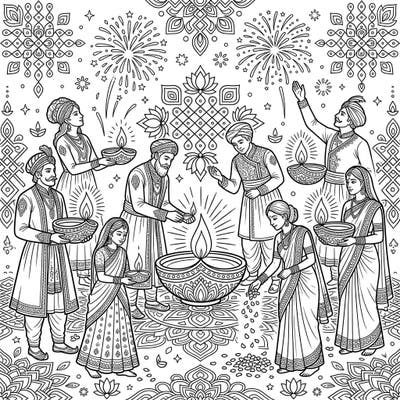 Immerse yourself in the vibrant spirit of Diwali with this unique coloring page featuring historical figures. Discover the joy of the Festival of Lights as you bring traditional celebrations and intricate designs to life with your colors.
