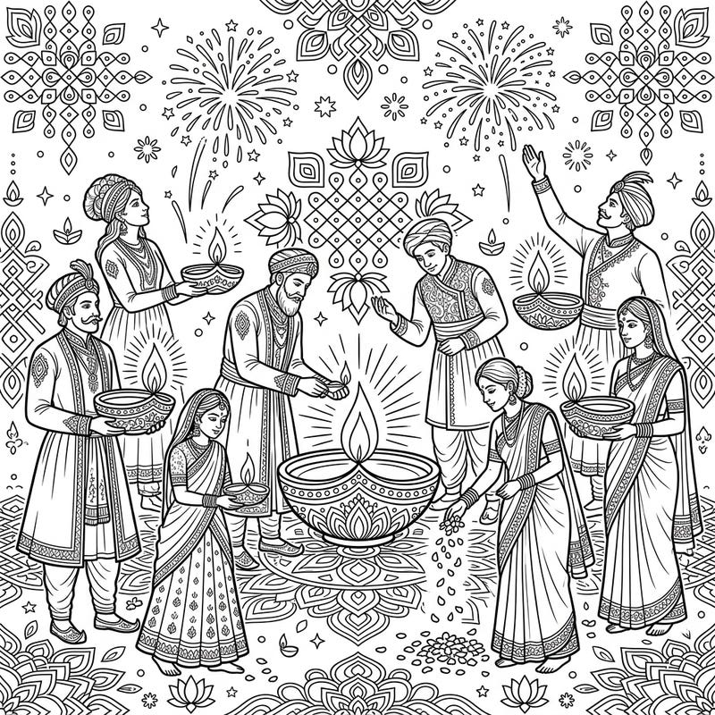 Immerse yourself in the vibrant spirit of Diwali with this unique coloring page featuring historical figures. Discover the joy of the Festival of Lights as you bring traditional celebrations and intricate designs to life with your colors.