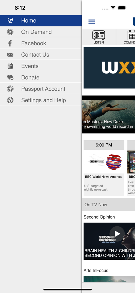 WXXI Public Media App - Side navigation menu of the WXXI Public Media app showing links to programs and donation.