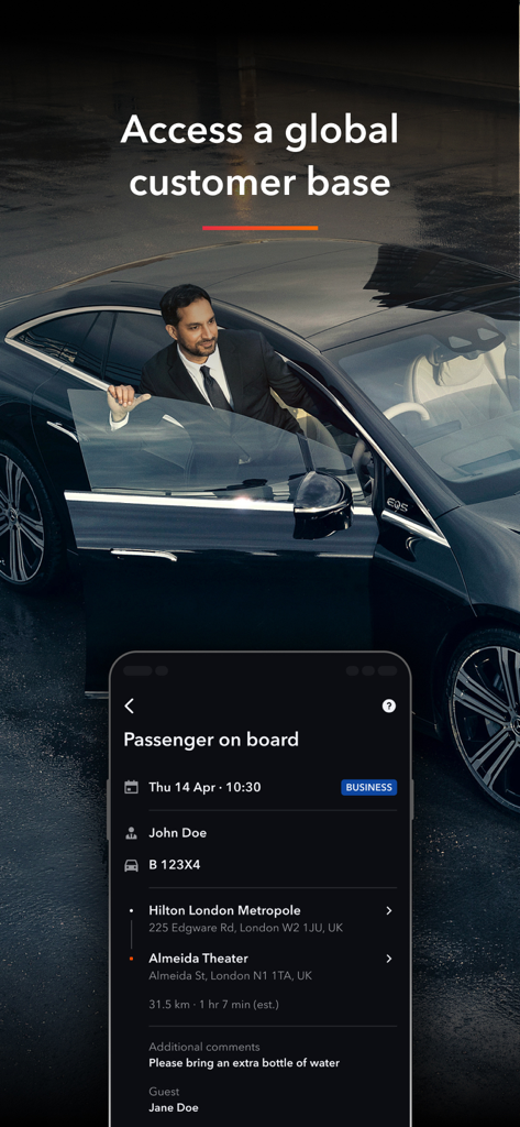 Professional chauffeur app screen displaying passenger details and ride status