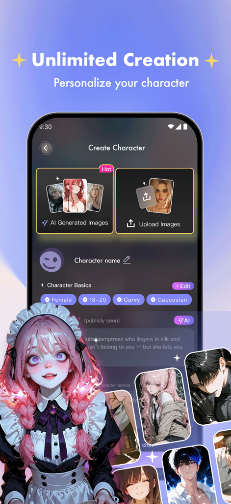 SoulTalk: Character AI Chat - SoulTalk app screen for creating and personalizing AI characters with options for image generation and basic traits