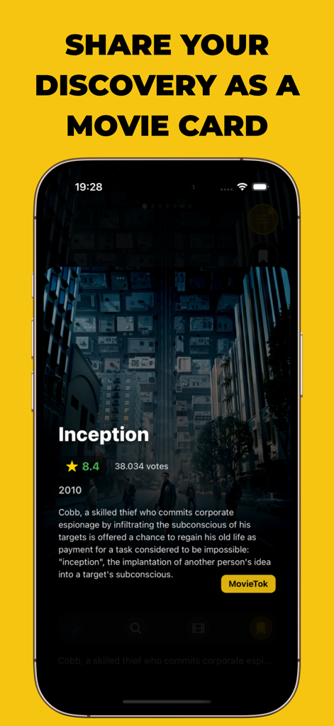 Un smartphone mostrando una tarjeta de película para compartir del film Inception en la aplicación MovieTok.