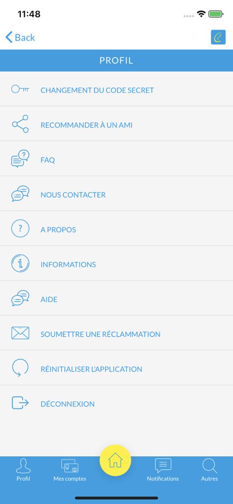 Coris Money V2 - Coris Money V2モバイルアプリケーションのプロファイル設定メニュー。アカウント管理とサポートのオプションが表示されています。