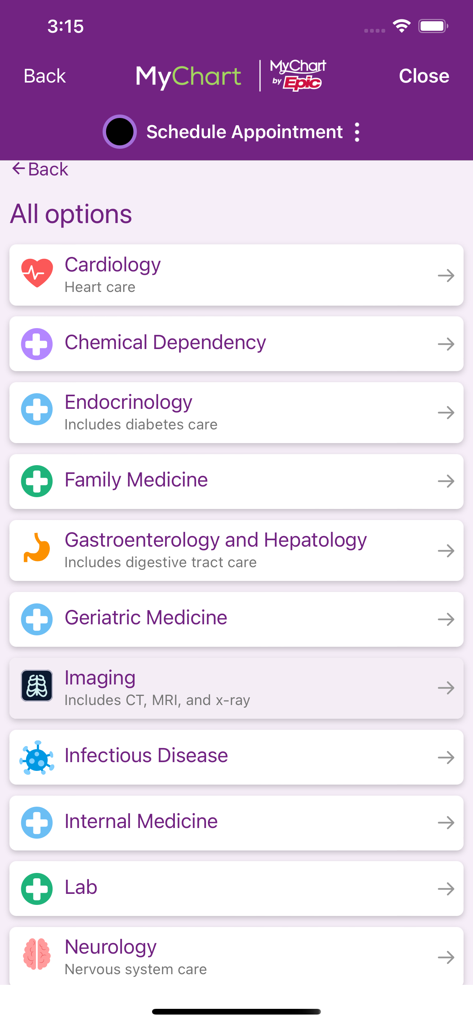 A menu in the Trinity Health MyChart app listing medical specialties like Cardiology and Family Medicine for scheduling appointments.