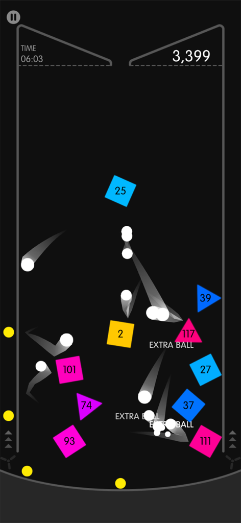 Physics Balls - Physics Balls 모바일 게임에서 숫자가 매겨진 다채로운 벽돌에 튕기는 흰색 공