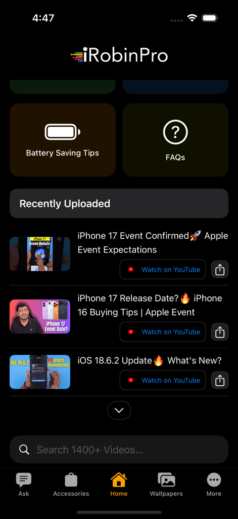 iRobinPro - iRobinPro app home screen displaying Apple device tips and video tutorials