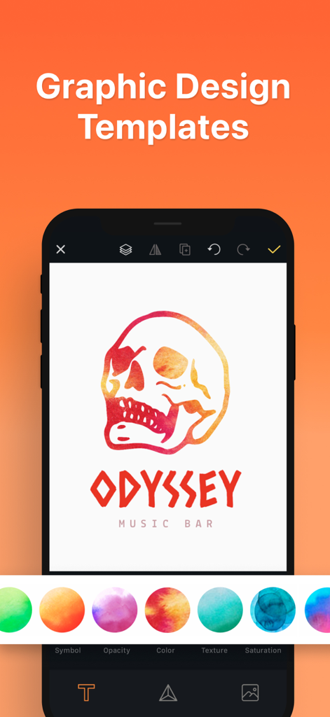 Interfaccia dell'app Conic che mostra il design di un logo per un bar musicale con l'icona di un teschio e texture acquerellate