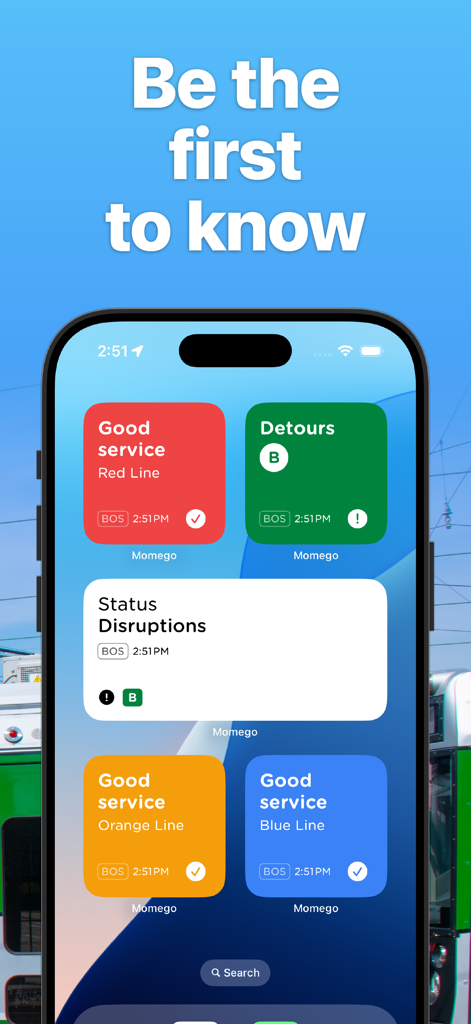 Boston Transit: MBTA Tracker - iPhone home screen showing Boston Transit app widgets with real-time service status and alerts for MBTA subway lines.