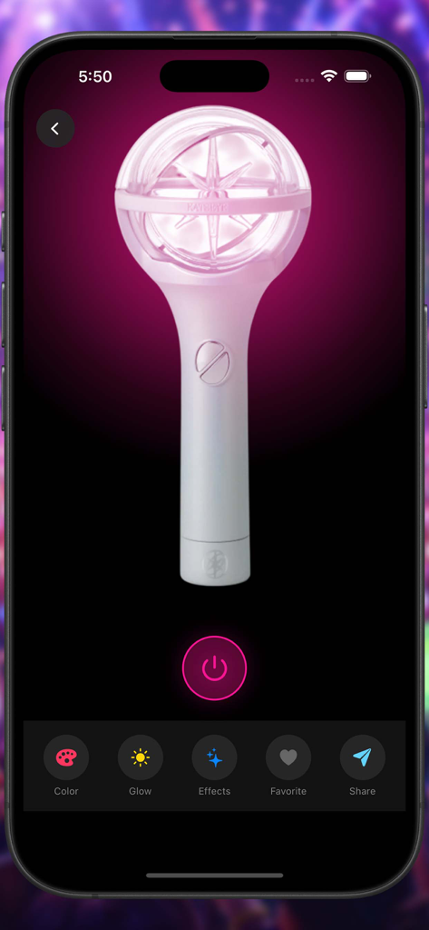 Idol Light Stick Kpop Creator - Ein pink leuchtender Kpop-Leuchtstab für die Gruppe Katseye auf einem mobilen App-Bildschirm mit Anpassungsoptionen